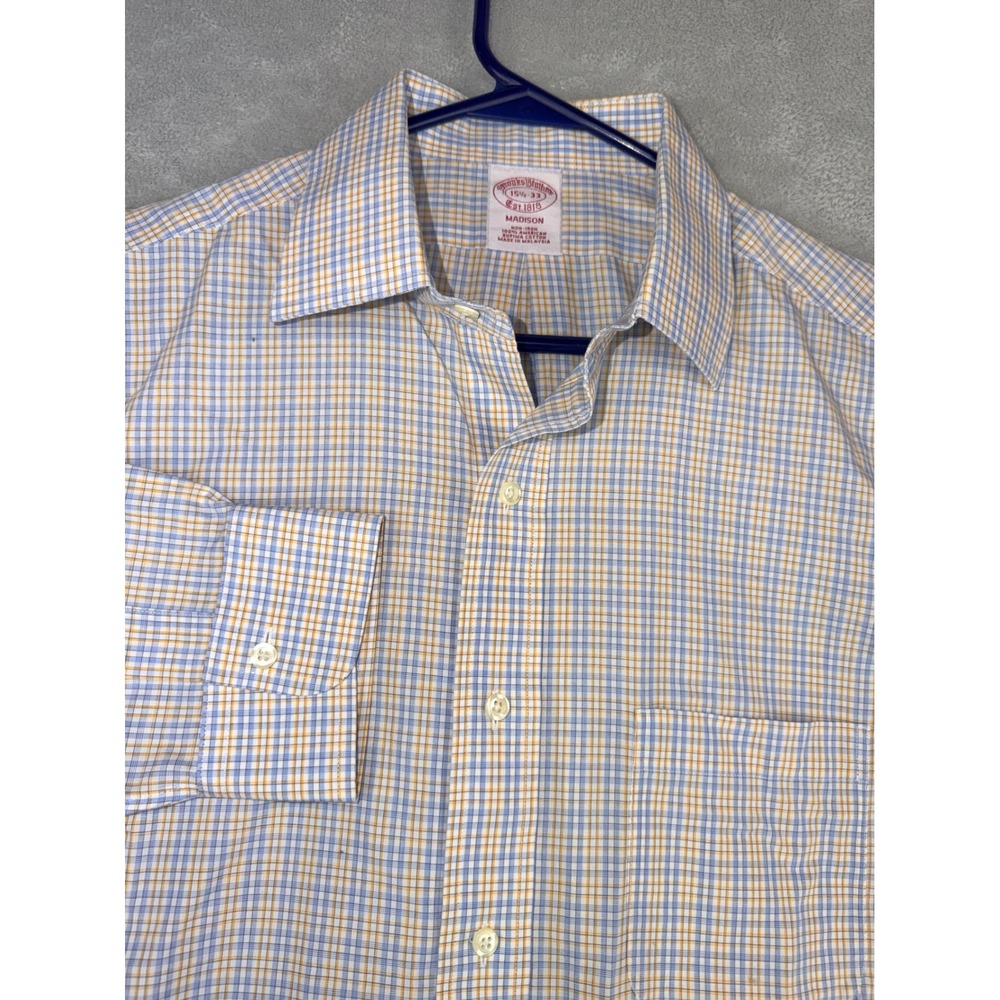 Brooks Brothers Madison Dress Shirt Mens 15.5X33 Blue Yellow Non-Iron Cotton